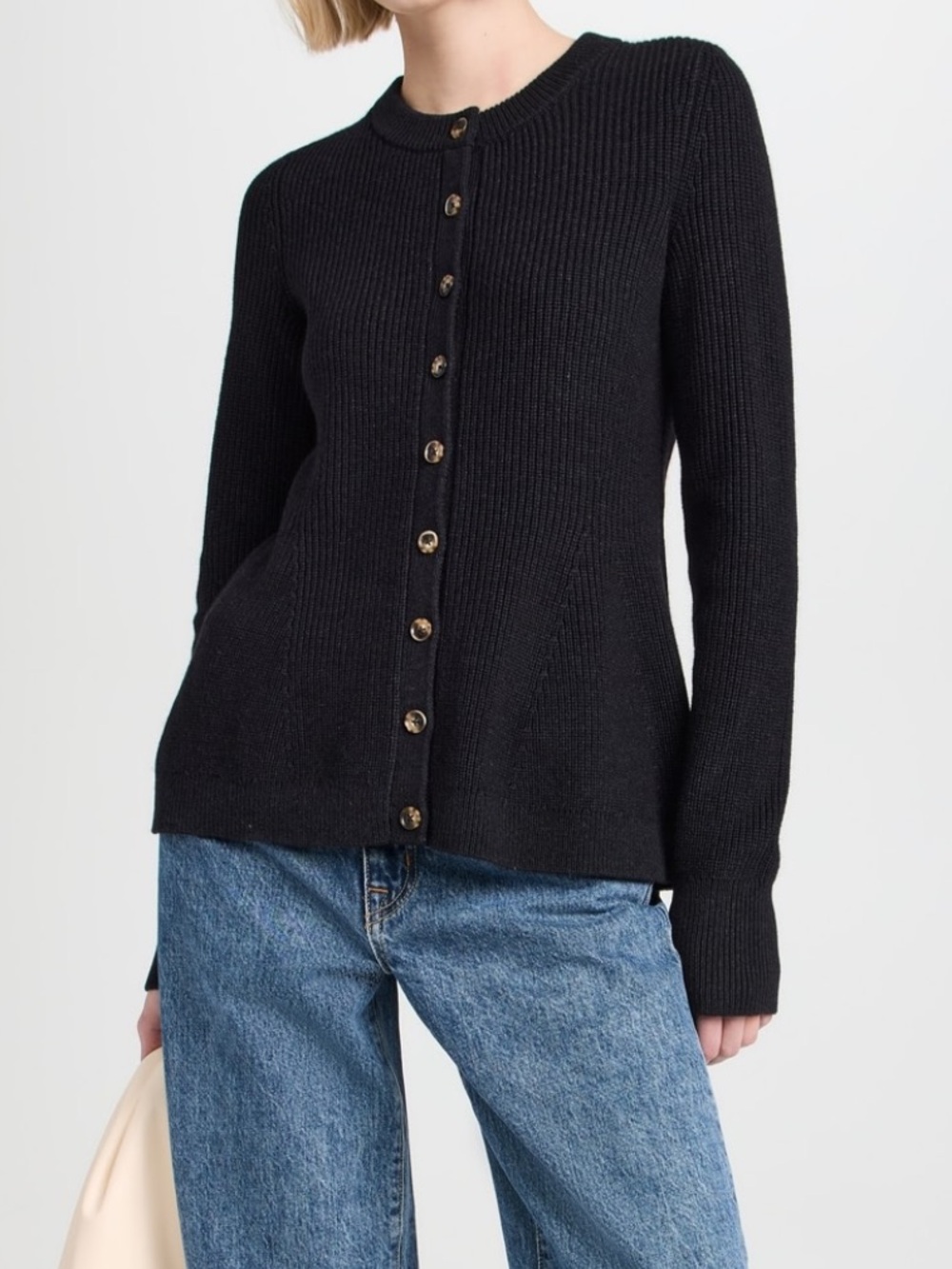 La Ligne Ribbed Flare Cardigan Sweater Peplum Navy Blue Medium - Picture 7 of 9